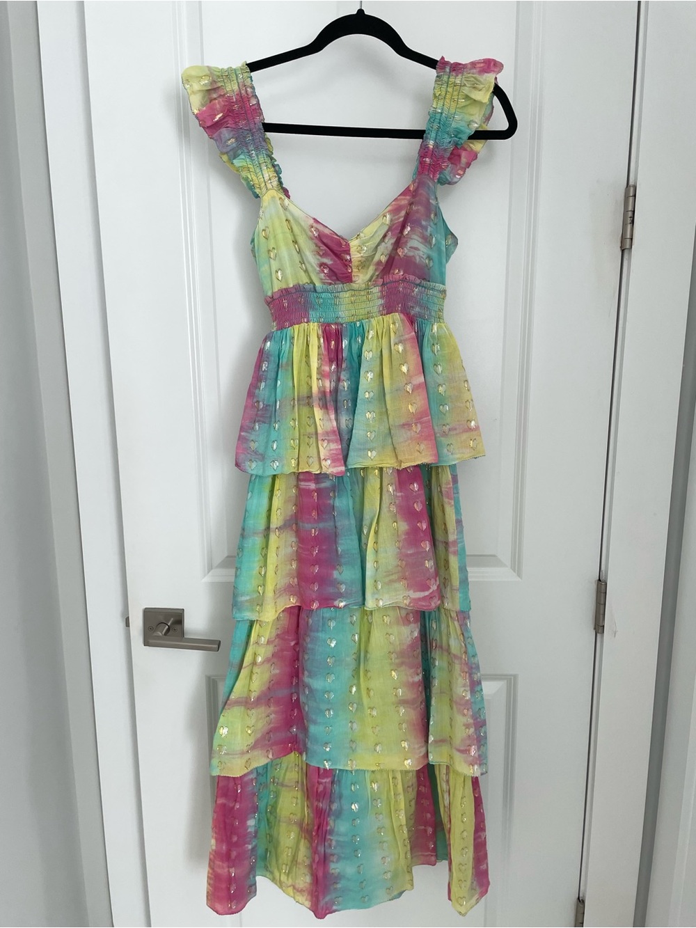 SAYLOR Leola Tiered Midi Dress Rainbow Metallic Heart Sundress - Picture 3 of 11